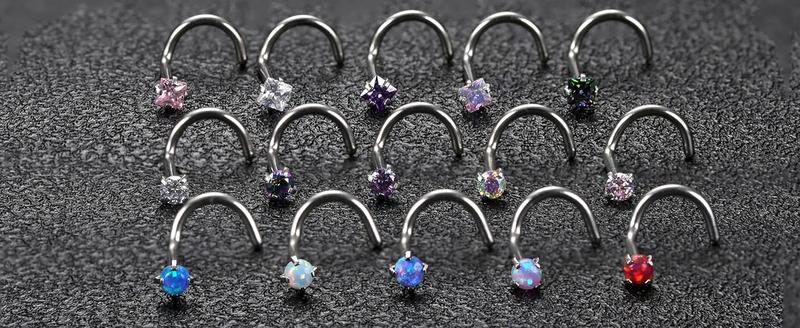 MILACOLATO Hypoallergenic Nose Rings 15count 18G 20G Surgical Stainless Steel Nose Rings Studs L Shaped Screw Studs Rings Cubic Zirconia Nose Ring Labret Lip Nose Piercing Jewelry for Women Men