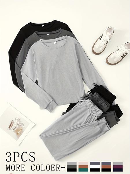 Women's Homecoming Set, 3-Piece Long Sleeve Round Neck Top & Ankle-Length Pants, Soft Fabric, Casual Comfortable Daily Wear
