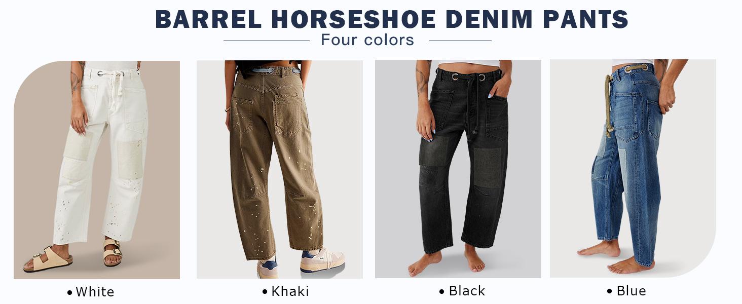 Imily Bela Womens Baggy Barrel Horseshoe Jeans Wide Leg Patchwork Low Rise Denim Pants with Pockets Casual & Formal Style