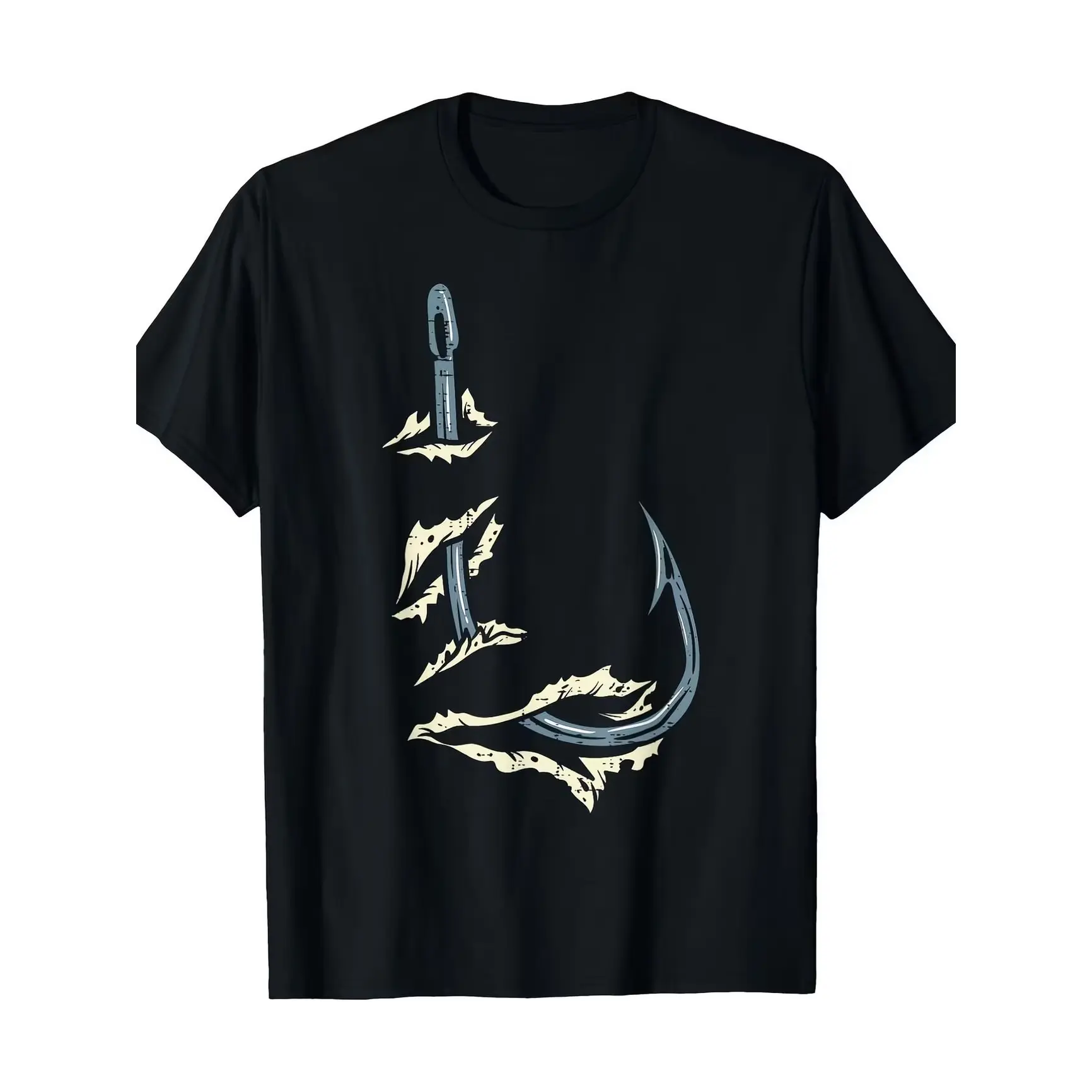 Vintage Fishing Hook Ripped Effect Graphic Short Sleeve Tee, Fisherman Casual Daily T-Shirt, Relaxed Fit Soft Breathable Womens Tops with Printed Craft, womens summer clothing summer outfits women, Outdoor style summervibes clothing