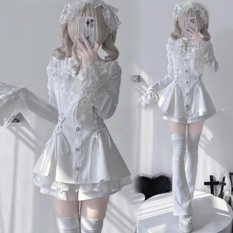 Y2k Aesthetic Lolita Style Bow Dress Shorts Set Women Kawaii Lace Flare Sleeve Bow Shirt Dress Japanese Punk Party Mini Dress
