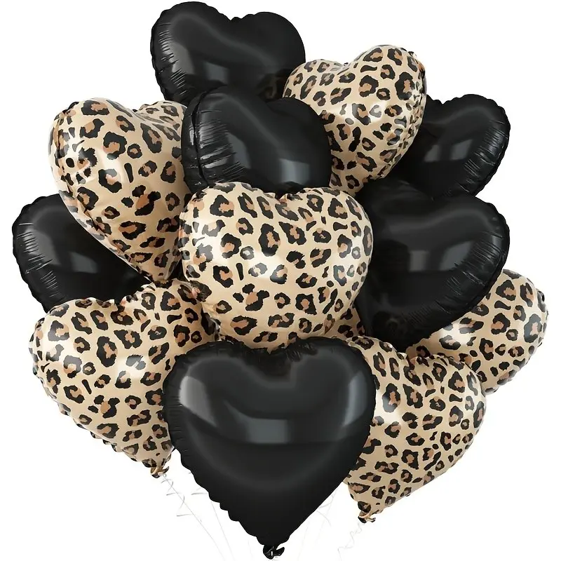 12pcs 18-Inch Black Leopard Print Heart Balloons, Foil Balloons for Birthday Party, Anniversary, Wedding, Jungle Party Decorations