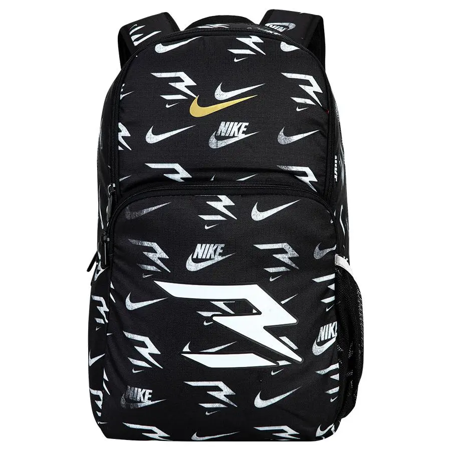 Nike 29L Triple-Brand Gold-Emblem Printed Backpack with Multiple Pockets – Unisex Stylish Black Polyester Bag