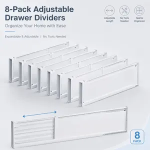 8 Pack Expandable Adjustable Drawer Dividers No Tools Required Stretchable Drawer Organizer Separators White Plastic Partition Inserts For Kitchen Utensils Bedroom Dresser Bathroom Drawer Storage