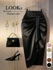 Elegant High-Waisted Ruched Split Midi Pencil Skirt, Lightweight Slim-Fitting French Satin Skirt
