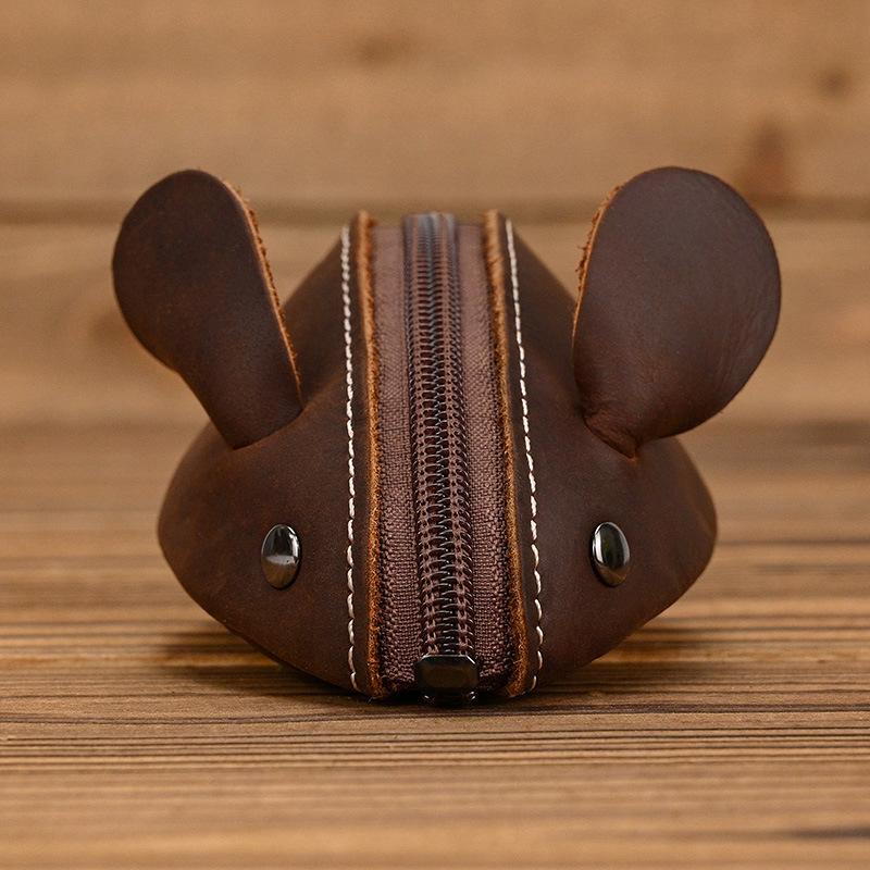 Unisex Crazy Horse Leather Card Holder & Coin Purse | Genuine Cowhide Mini Wallet, Cute Mouse Animal Design, Zipper Closure Slim Card Case, Durable Lightweight EDC Pocket Wallet for Daily Casual Use