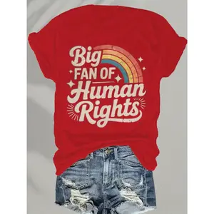 Women's 'Big Fan of Human Rights' Graphic T-Shirt, Retro Typography Statement Tee with Rainbow Pride Design, Short Sleeve Casual Top, Tshirt, Shortsleeve