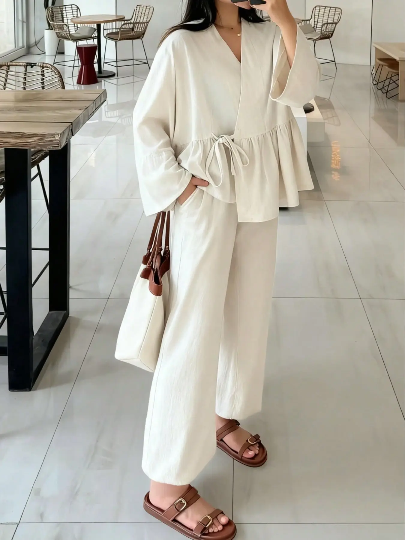 Women's Traditional Tea Style Set, Loose Belted Cardigan High Waist Straight Leg Pants, Lazy Two-Piece Pajama Set