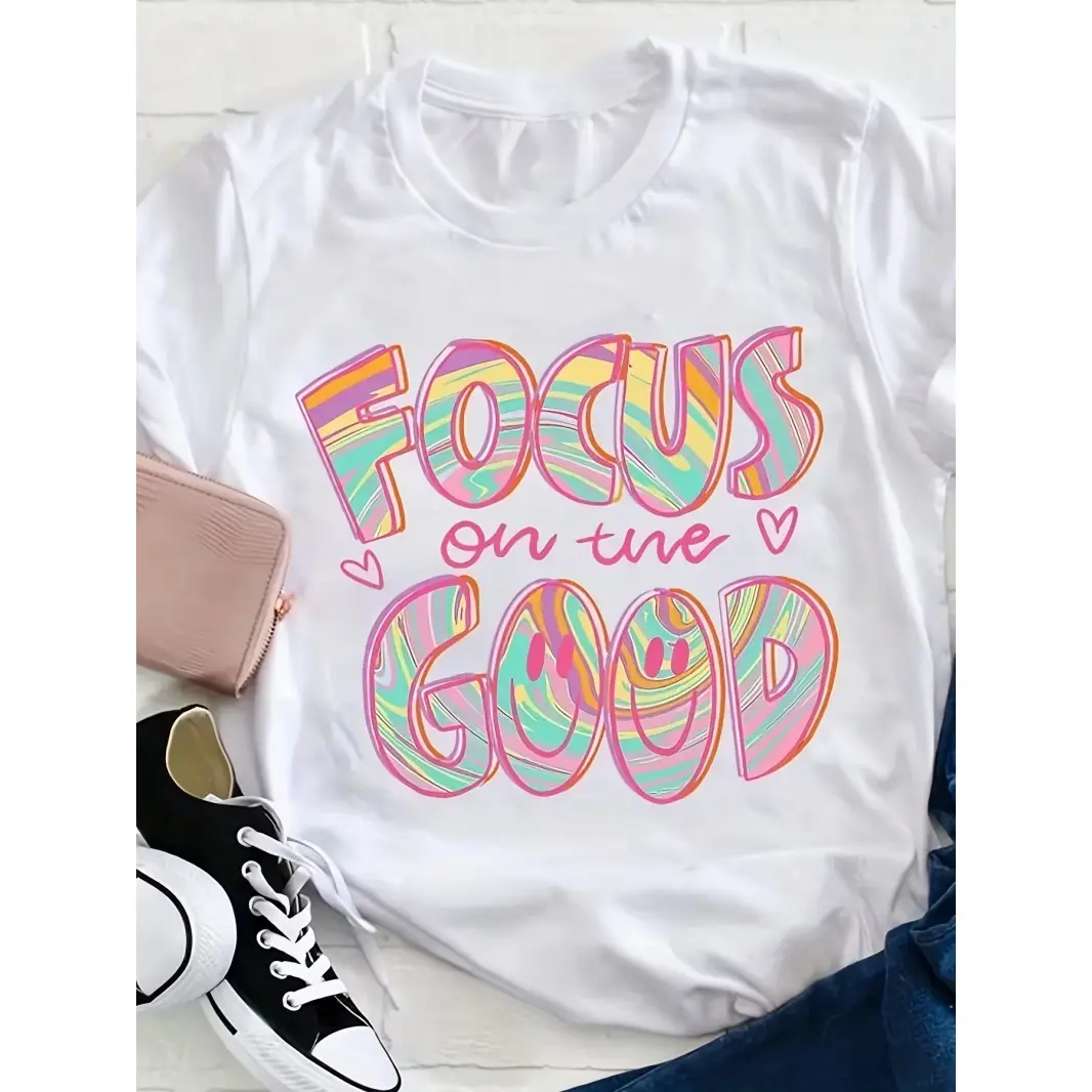 Cute Positive Quote Cotton T Shirt For Women Focus On The Good Colorful Smile Face Graphic Tee Casual Summer Short Sleeve Top For Daily Wear School Outing Vacation Soft Comfortable Fashion Streetwear