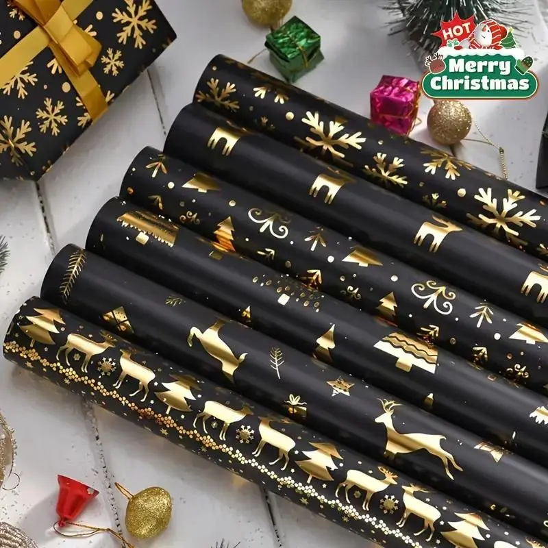 3/6-Pack Black & Gold Christmas Wrapping Paper Sheets – Reindeer & Snowflake Designs | Holiday Gift Wrap, Gift Wrapping Supplies for Xmas Presents & Festive Decorations | Gift Wrapping, DIY Scrapbooking, Trending Christmas Decor