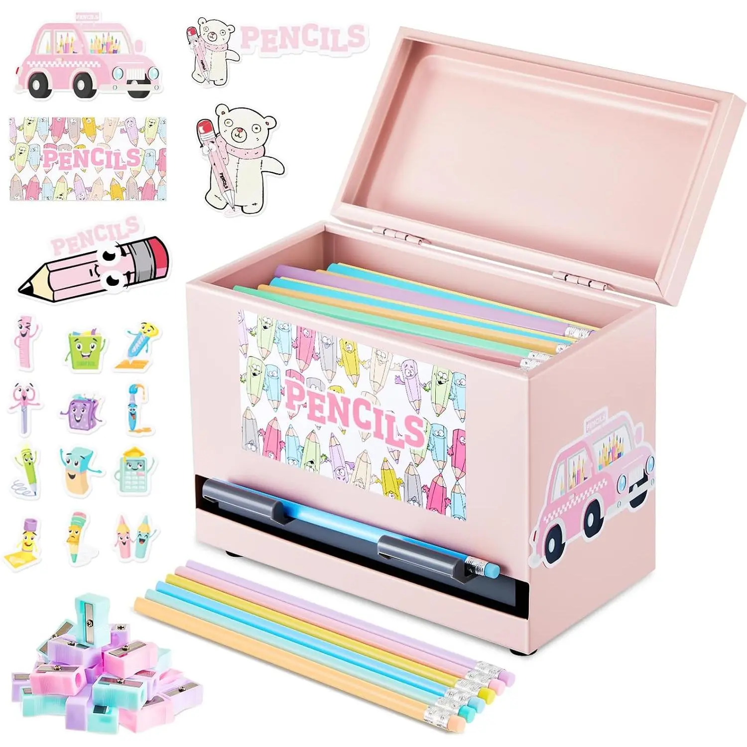 Pencil Dispenser for Classroom with 50 Pencils 50 Sharpener 6 Sticker DIY Stainless Steel Pencil Holder  to School Supplies(Light )