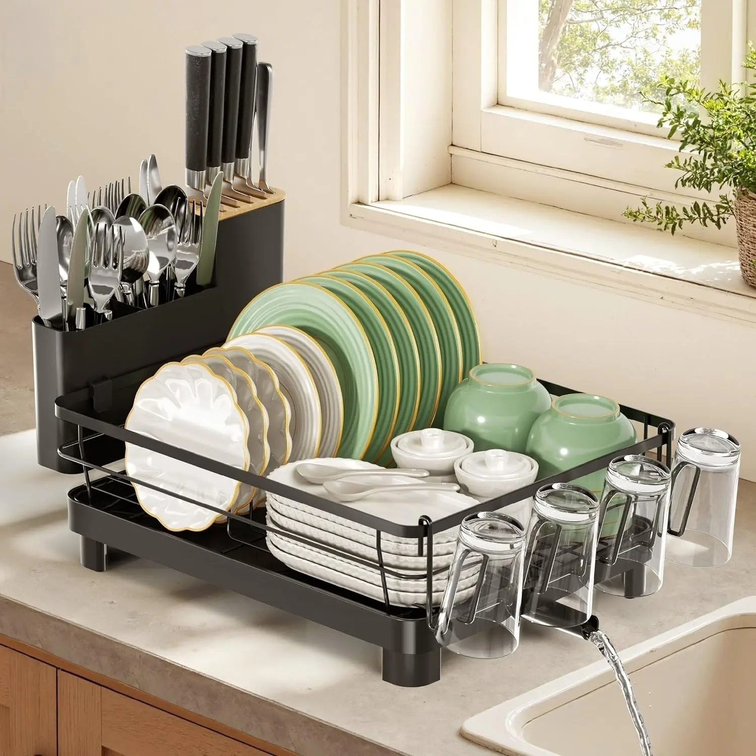 Dish Drying Rack with Drainboard for Kitchen Counter and Sink | Large Dish Rack Rustproof Dish Drainer with Detachable 2-in-1 Utensil Holder, Extra Cup Holder, Black