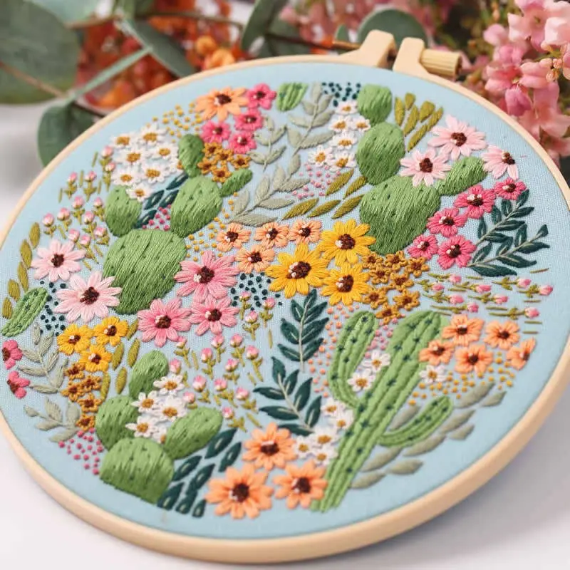 Floral Cactus Embroidery Starter Kit, Step-by-Step Tutorial, Pre-Printed Fabric, and All Tools Included,Perfect DIY Gift for Adults, Includes Video QR Code for Instant Access, Complete Set with Hoop, Threads, Needles & Water-Soluble Pattern