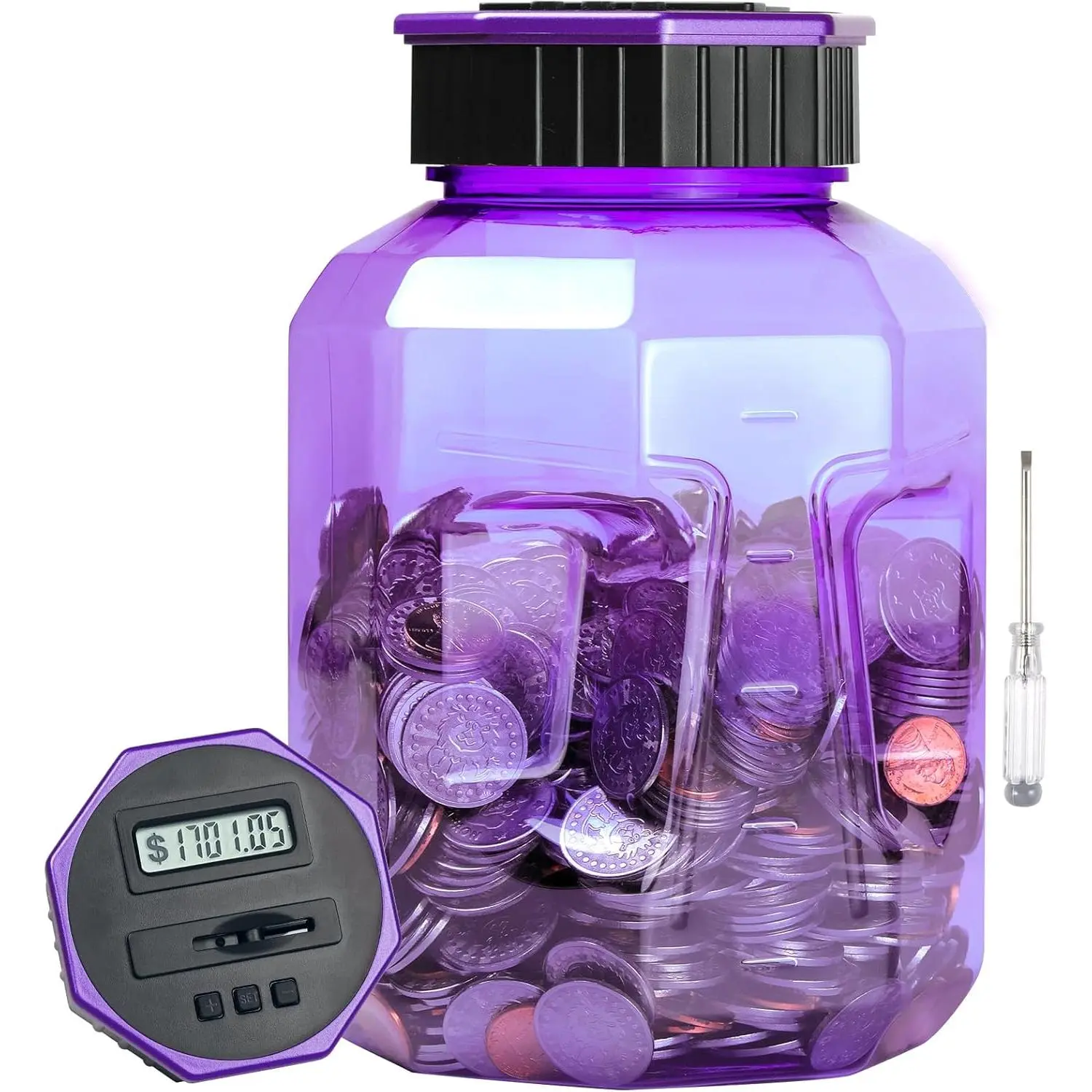 X-Large Piggy Bank for Adults Kids, Coin Counting Bank with LCD Counter, 2.4L Capacity, Great Coin Counter Bank Money Counting Jar with Total Amount Displayed (Purple).