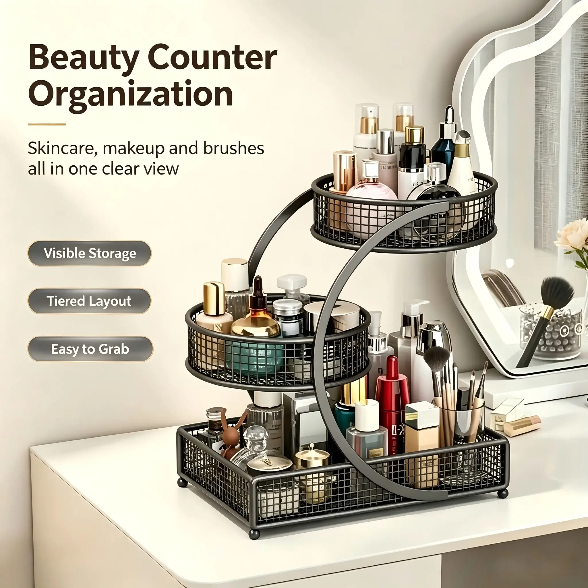 Three-Tier Makeup Organizer, Bathroom & Bedroom Vanity Shelf, Metal Cosmetic Display Rack, Multi-Functional Home Office Storage