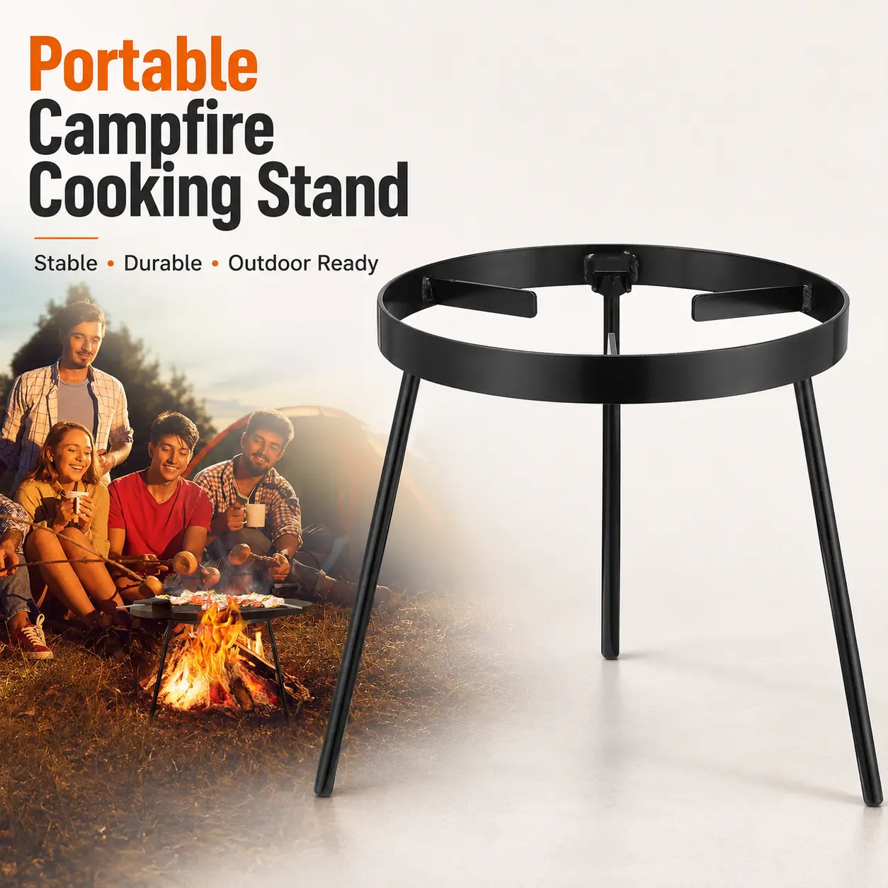 Portable Cast Iron Campfire Cooking Tripod Stand, Heavy Duty Open Fire Pit Tripod Holder, Outdoor Camping Cookware Support Rack Compatible with Dutch Ovens, Lodge Pots, BBQ Grills for Backyard Firepit & Camp Cooking