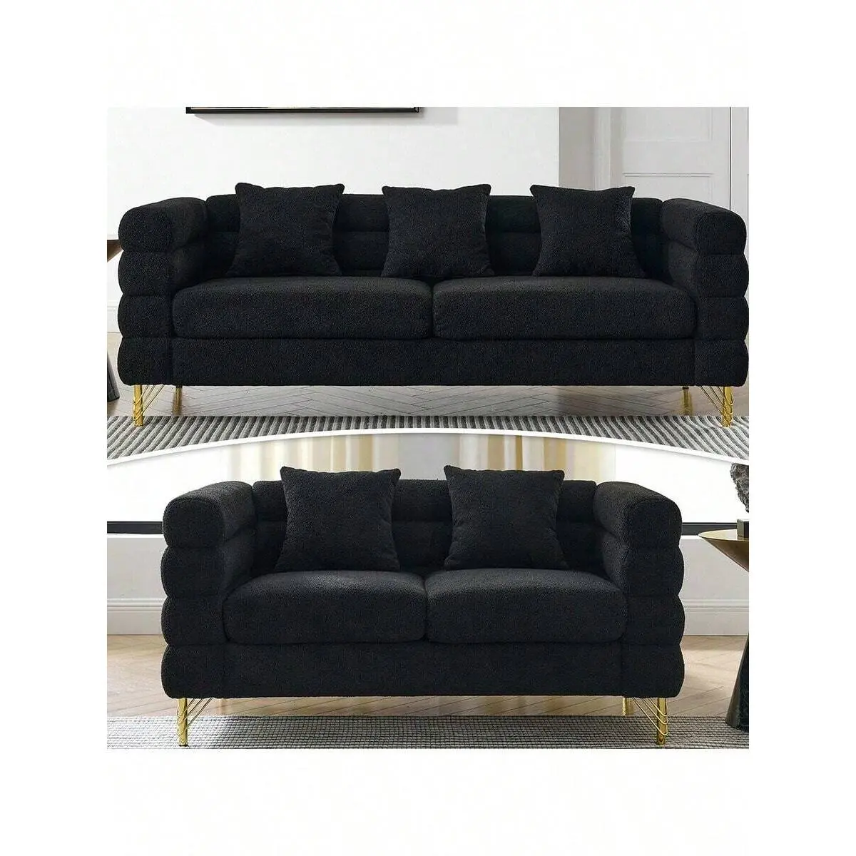 Oversized 3-Seater/ 2-Seater Sofa With Solid Wood Frame, Modern Upholstered Teddy Couch With 3 Pillows, Deep Seat Living Room Sofa With Metal Legs, Elegant Channel Tufted Loveseat Living Room, Apartment, 2 Seater & 3 Seater Available