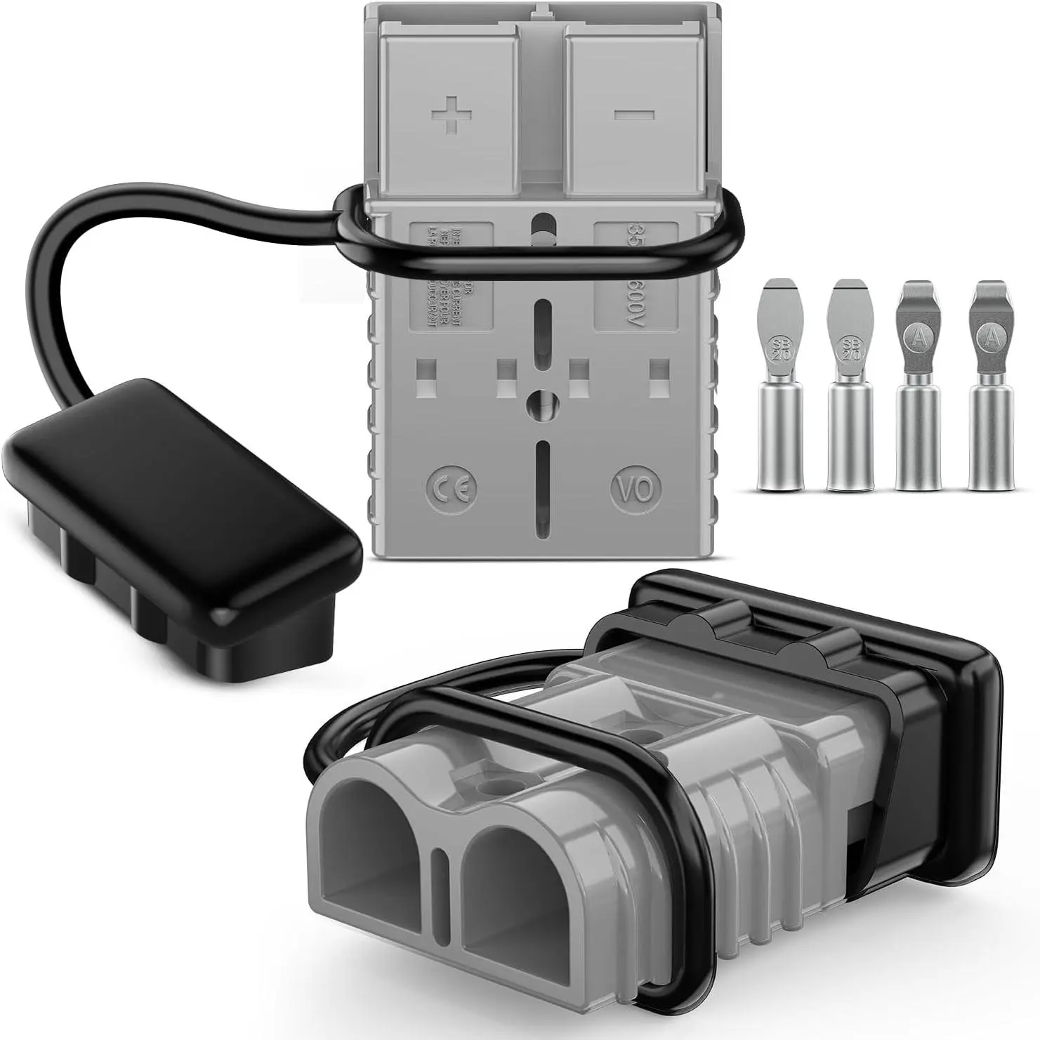 Nilight 2-Pack Grey Anderson Connector Kit - 350A Rating, 2/0AWG, 12V-36V Battery Quick Connect/Disconnect, Stainless Steel, Polarity Markings, Rubber Boot Caps, Silver Plated Copper for Car ATV Winch Cables, Quick Disconnect