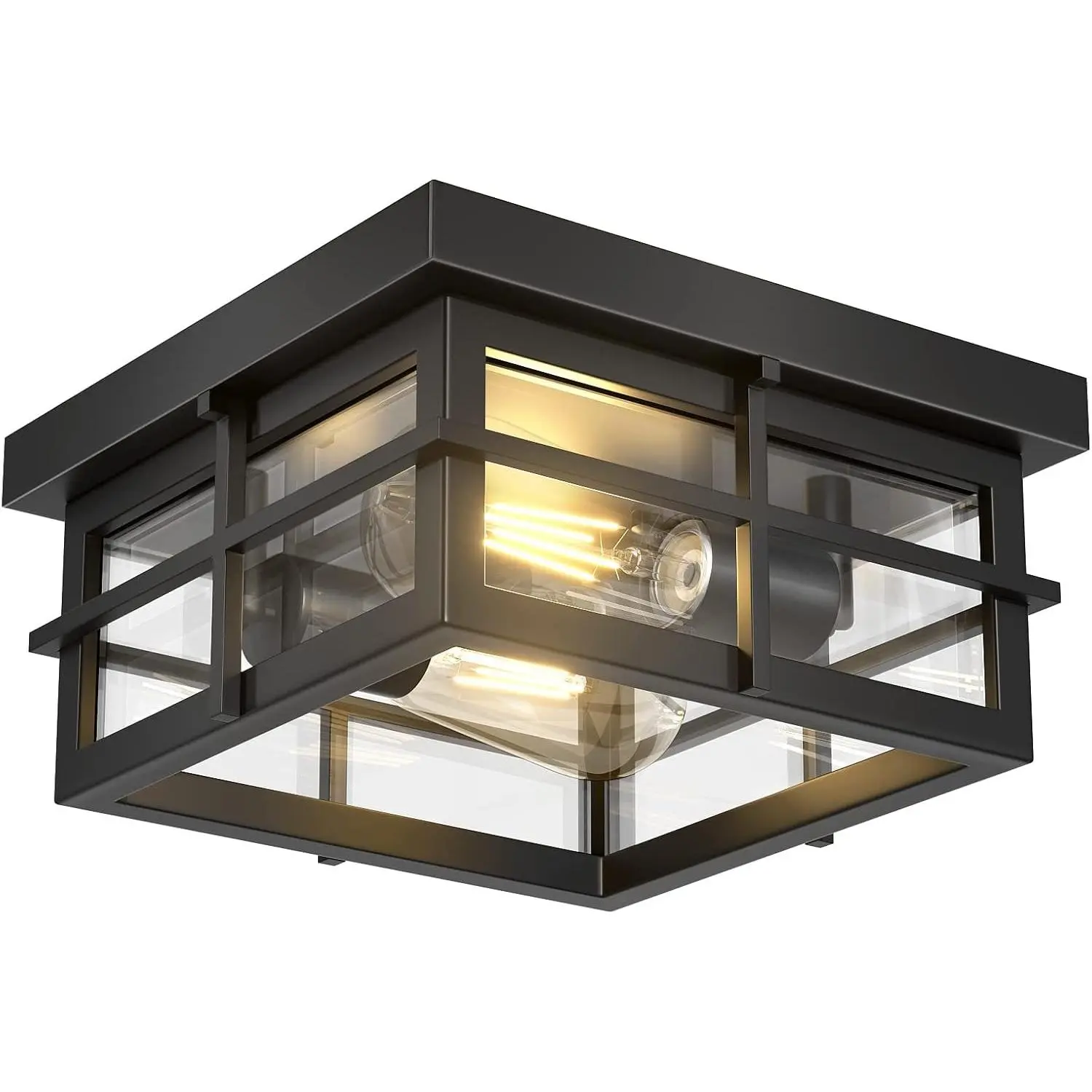 Modern Outdoor Ceiling Light Fixtures, 2-Light Black Flush Mount Light Fixtures with Clear Glass Shade, Farmhouse Square Ceiling Lighting for Porch Bathroom Kitchen (Bulbs Not Included)