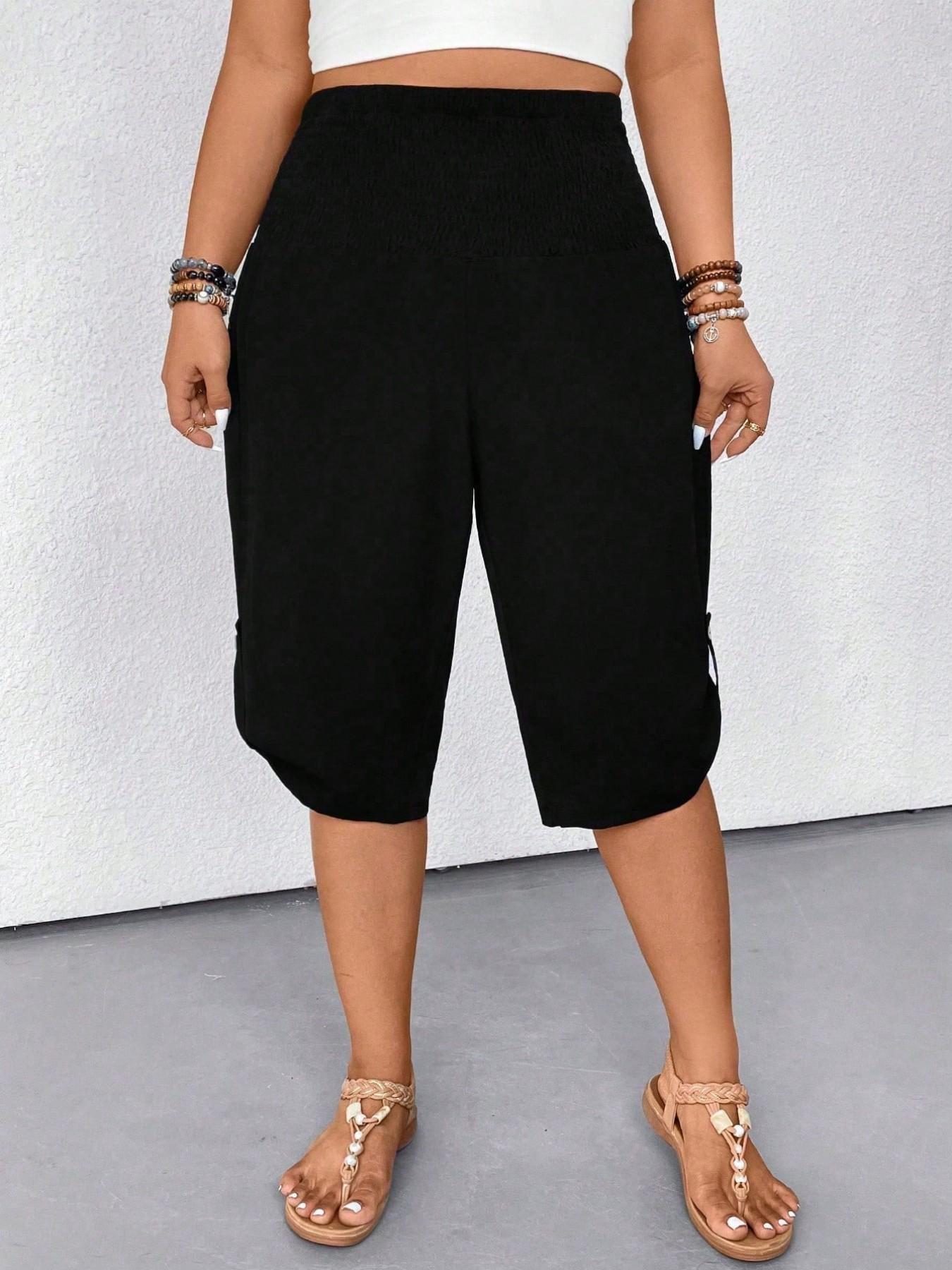 Women's Casual Tummy Control High Waist Fitted Wide Leg Capri Pants Smocked Waist Button Hem Loose Fit Cropped Trousers Summer Shorts Beach Vacation Lounge Daily Work Outfits Solid Black Stretchy Soft Breathable Lightweight Spring Break 2026 Plus Size Women's Casual Tummy Control High Waist Fitted Wide Leg Capri Pants Smocked Waist Button Hem Loose Fit Cropped Trousers Summer Shorts Beach Vacation Lounge Daily Work Outfits Solid Black Stretchy Soft Breathable Lightweight Spring Break 2026 Plus Size
