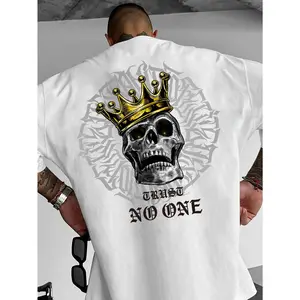 Men'S Gothic Style T-Shirt Featuring a Skull And Crown Design - Creative Streetwear with a Loose Fit, The Back Displays The Phrase 'TRUST NO ONE' - Casual Summer Round-Neck Short-Sleeve Top - A Bold Statement Piece for Urban Fashion, Plus Size