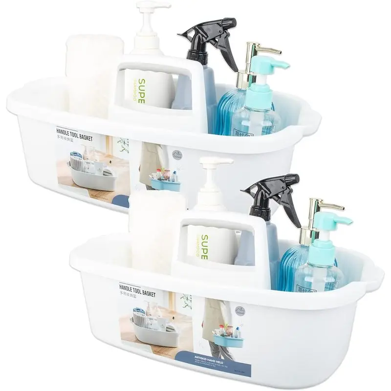 Large Cleaning Supplies Caddy Portable Shower Caddy Basket White 2 Pack |   Organizer with Handle Plastic Bucket Tool Storage for Bathroom Bedroom Kitchen Garden College Dorm Essentials