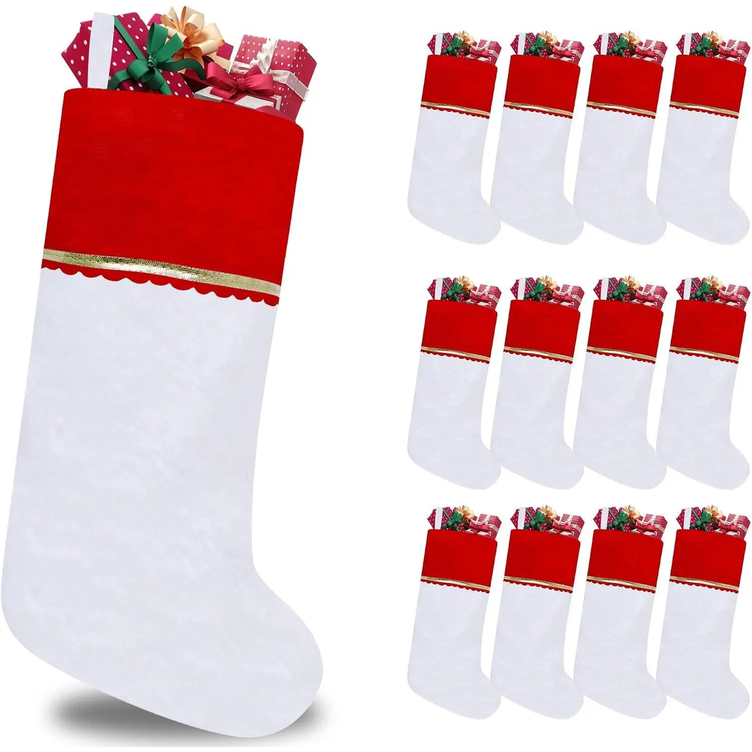 12 Pack 19 Inches Large Felt Christmas Stockings, White and Red with Gold Trim Hanging Ornaments for Family Christmas Holiday Decorations DIY Craft