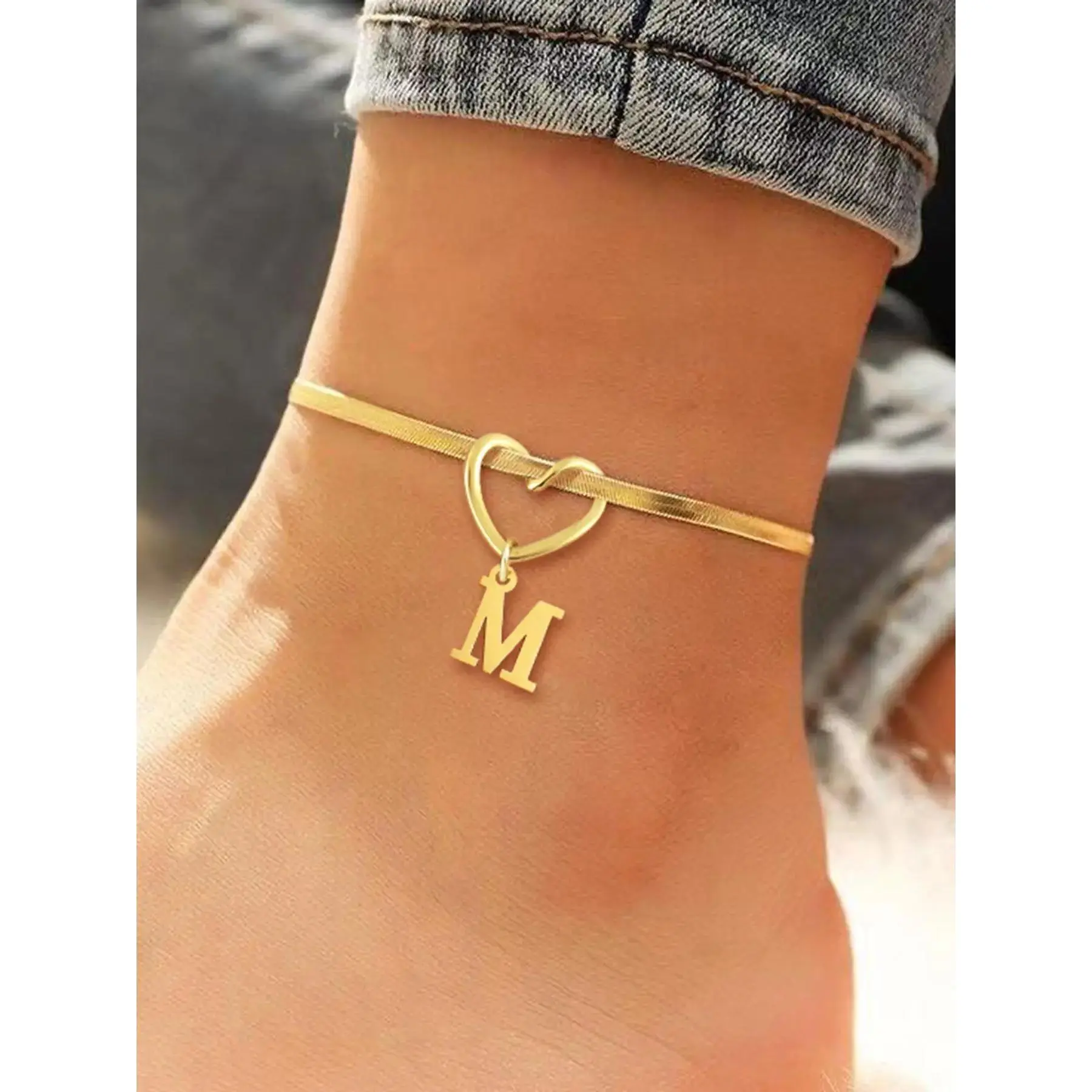 LovedenHeart Initial Anklet for Women, Fashionable Stainless Steel Herringbone Chain Anklet for Women & Girls, Trendy All-match & Exquisite Jewelry for Birthday Gift