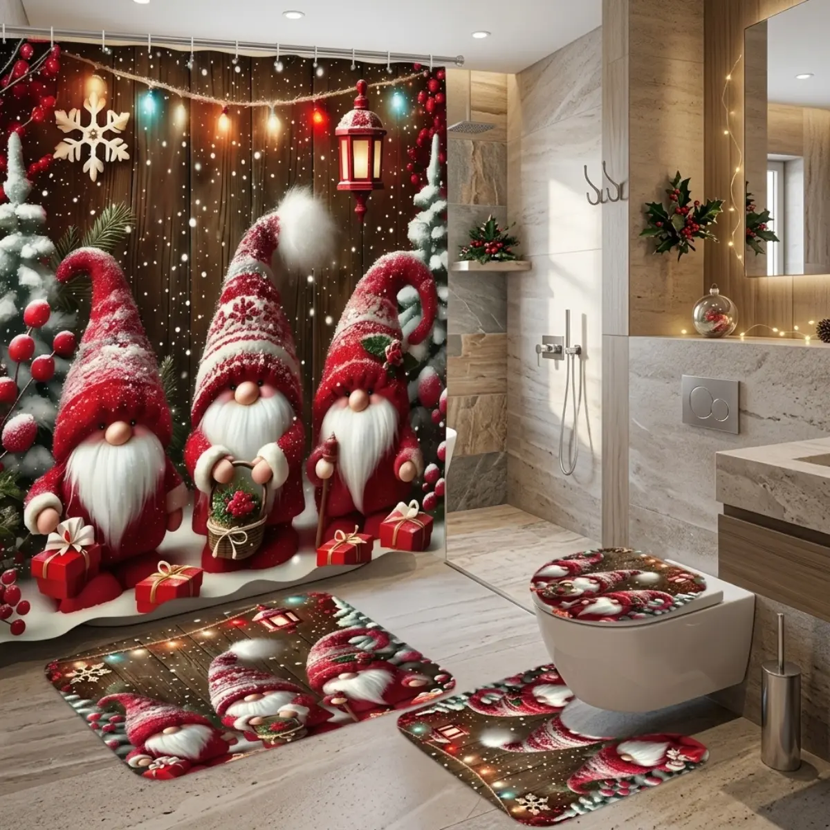 4pcs Cozy Christmas Gnome Bathroom Decor Set, Santa Gnomes Lantern String Lights Snowflake Holiday Print for TikTok Shop Home Styling