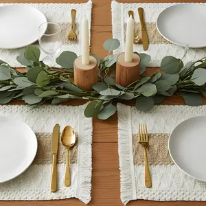 Boho Crochet Tassel Placemats Set of 12 – Linen Cotton Macrame Table Mats – 12x20 Inch, Beige White – Washable, for Farmhouse Kitchen & Dining Room Table Decor