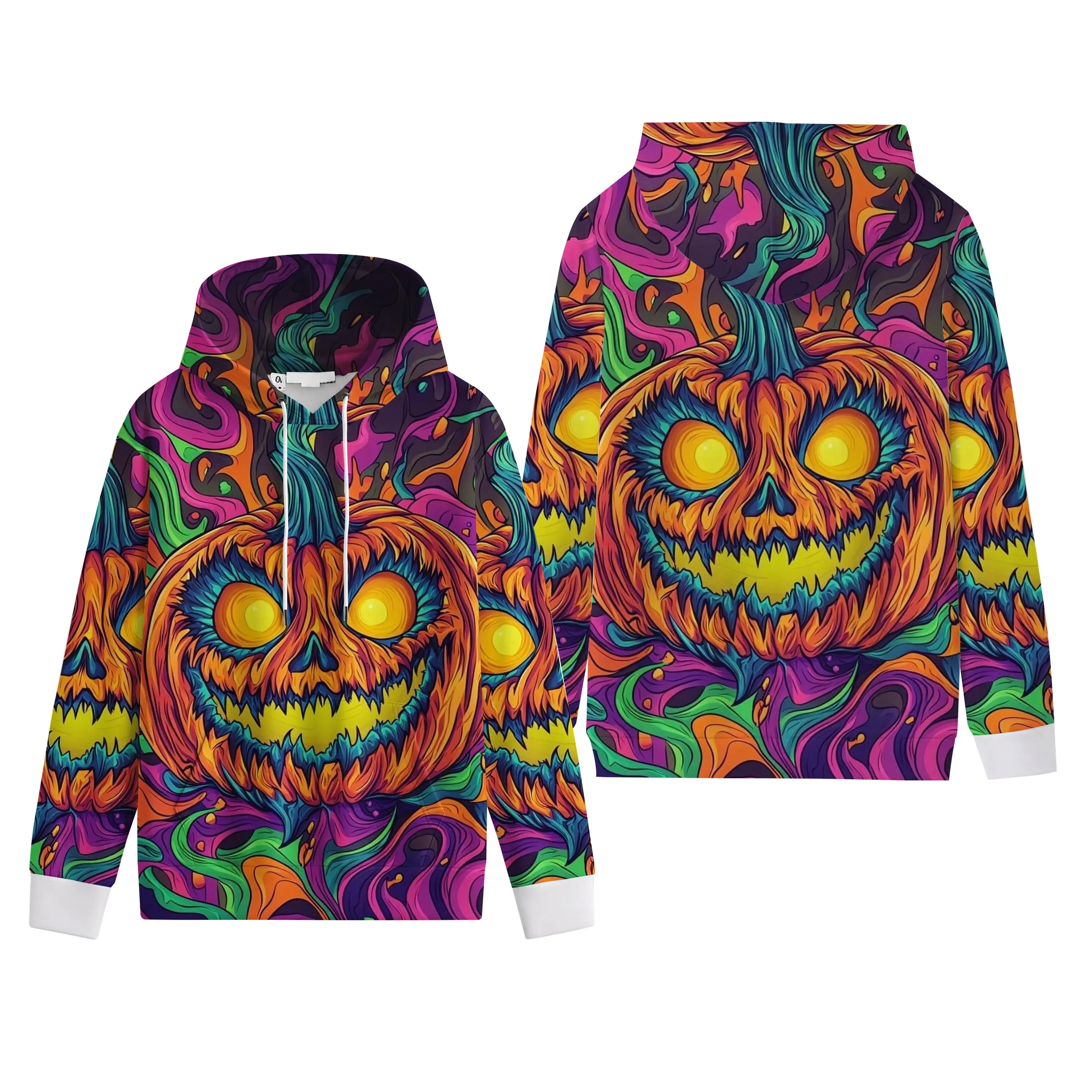 Unisex Halloween Pumpkin Hoodie, Colorful Jack O Lantern Graphic Pullover Sweatshirt with Drawstring Hood, Front Pocket, Ribbed Cuffs, Fall Party Streetwear Top for Men Women, Casual October Outfit, Trick or Treat Layer