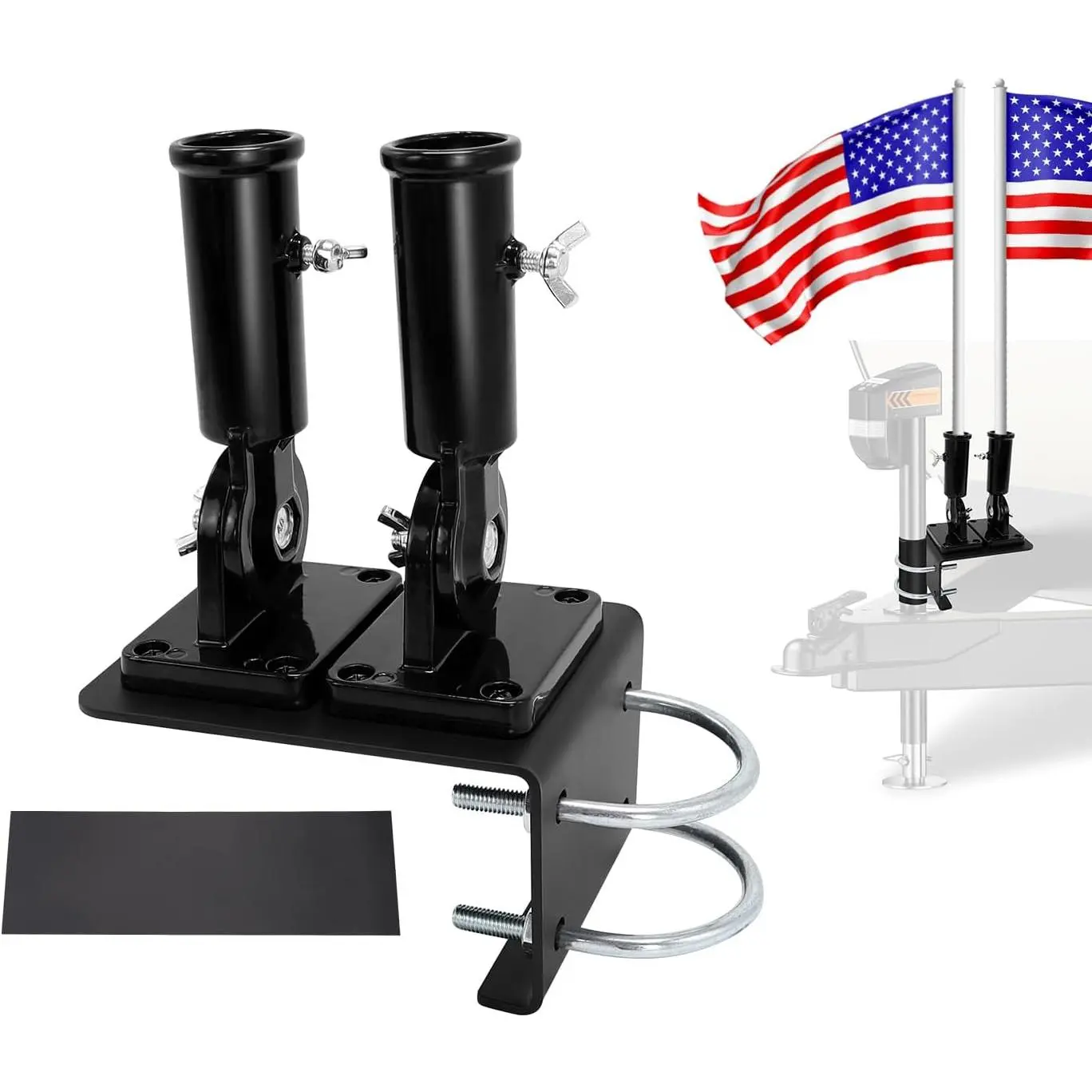 RV Metal Flag Pole Mount, Adjustable 180° Flagpole Bracket Kit for 1-1/4" Poles, Rust-Resistant Heavy Duty Clamp-on Holder for RV Ladder, Electric Jack, Boat Rails & Campers (Black)