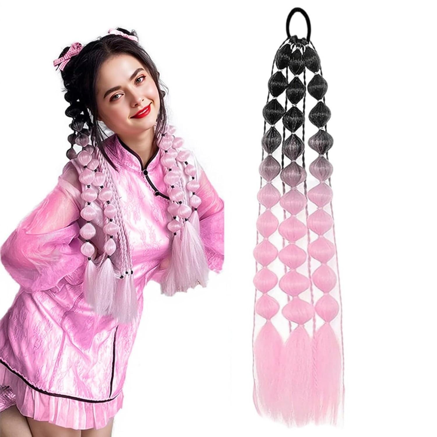 Colored Hair Extensions 24 Inch Lightweight Bubble Ponytail Extensions with Hair Tie 1pcs Colorful Hair Extensions for Women Crazy Hair Day Accessories Festival Party Rave (Black to Pink)