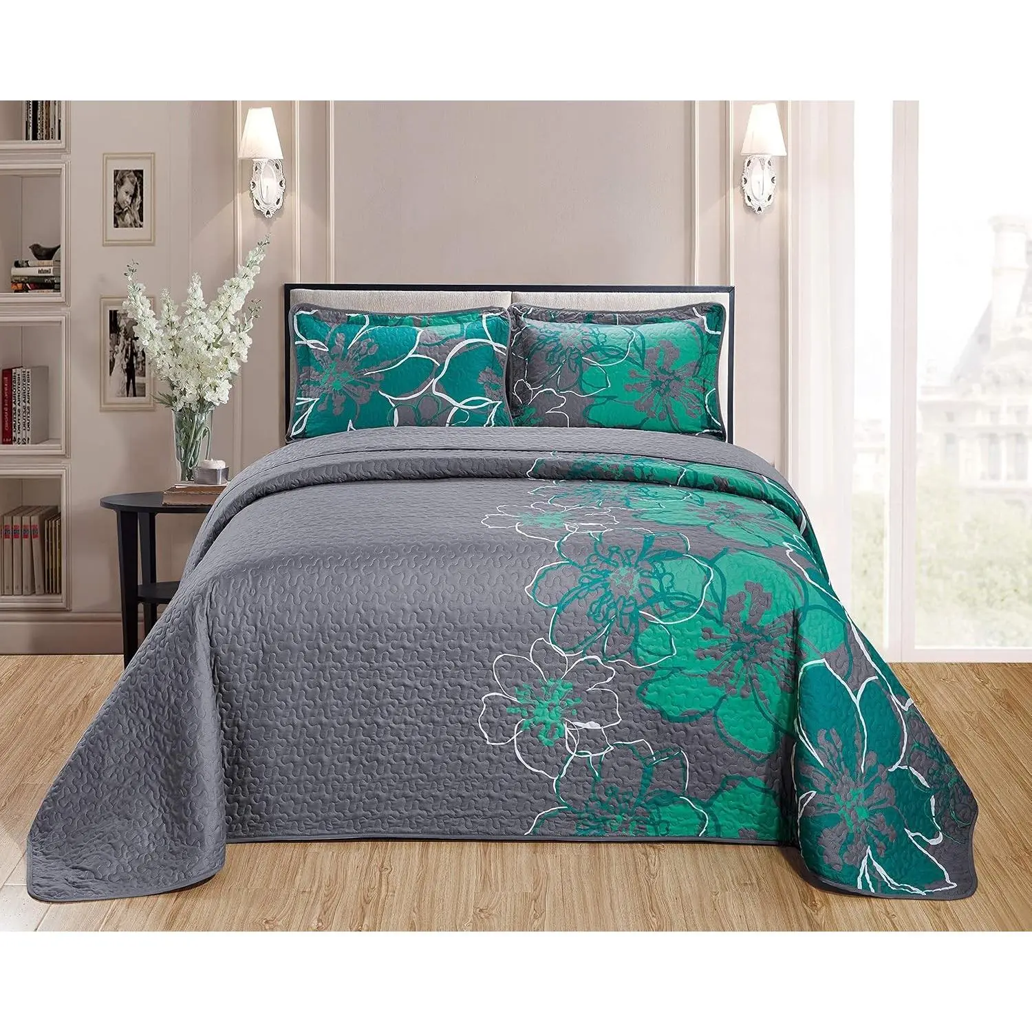 Quilt Bedspread Set Over Size Flowers Printed Grey Turquoise Full/Queen New