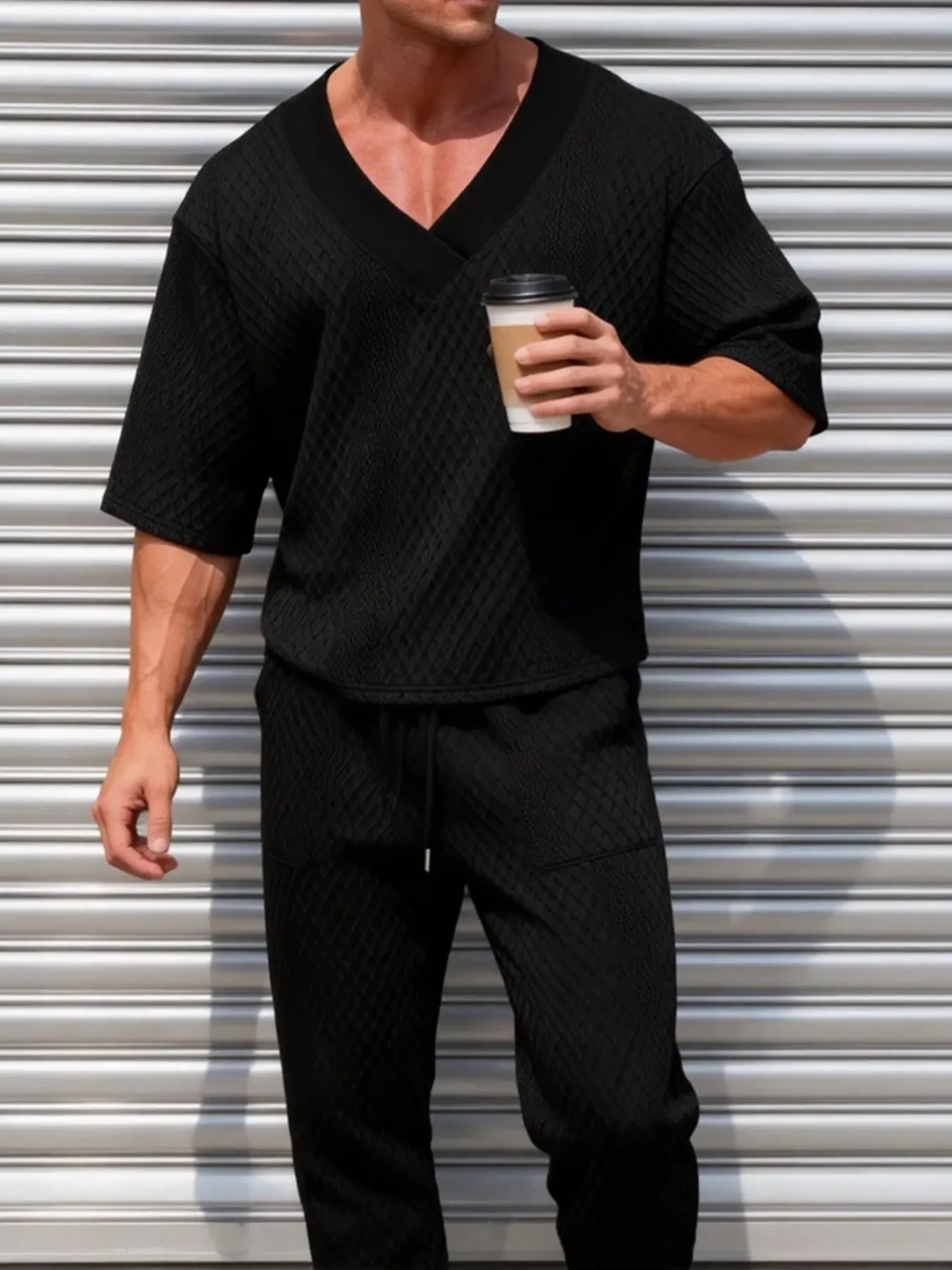Men's Waffle Textured Loungewear Pajamas Two Piece Set, V Neck Three Quarter Sleeve Loose Top & Drawstring Elastic Waist Jogger Pants, Soft Breathable Solid Black Cozy Sleep Outfit for Home Daily Indoor Relax Wear
