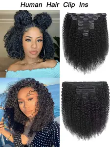 Afro Curly Clip in Hair Extensions Human Hair 8pcs 120g/set Brazilian Virgin Hair Clip Ins for Women Natural Black Color Gift Christmas Gift  Holiday Wig Festive Style