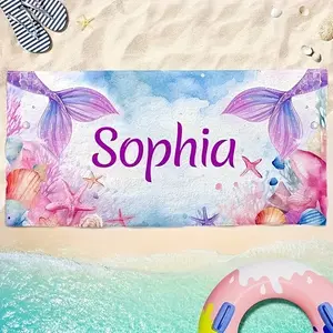 Custom Name Beach Towel with Coral & Mermaid Print, Ultra-Fine Fiber Highly Absorbent Sand-Free Portable Oversized Towel, Suitable for Travel, Yoga, Camping, Swimming and Lounge Chair Cover