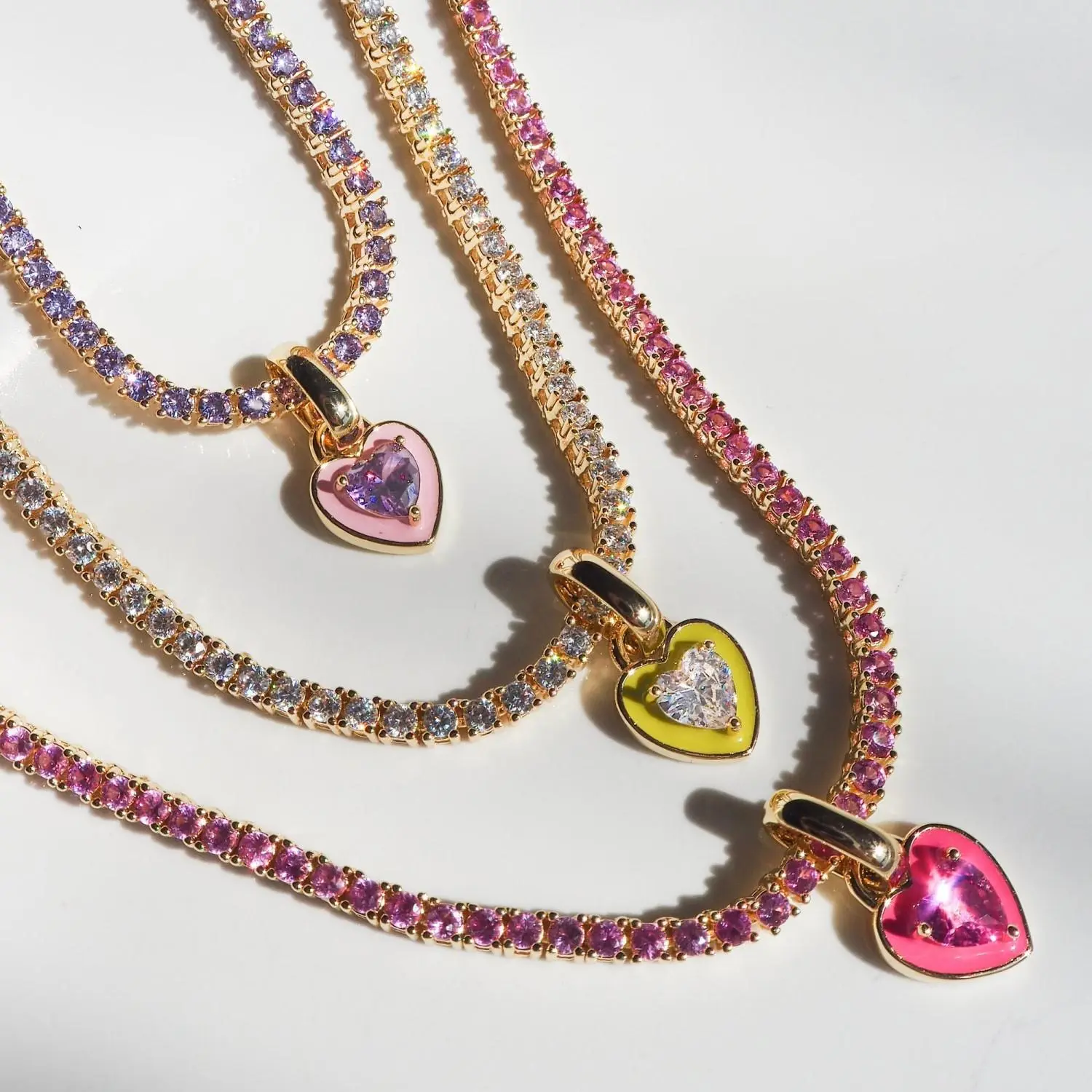 Maximalist Stacking Tennis Chain for Party Girls, Vibrant High-Saturation Y2K Necklace, Sparkly CZ Heart Pendant for Layering, Bold Statement Jewelry for Daily Shine