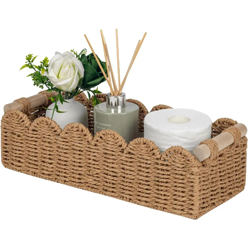 1pc Eco-Friendly 100% Woven Paper Rope Scalloped Edge Toilet Paper Storage Basket with 2 Wooden Handles - Freestanding Home Supplies Shelf Decor Gift, Home Organizer for Bathroom, 14in L x 6.3in W x 3.9in H
