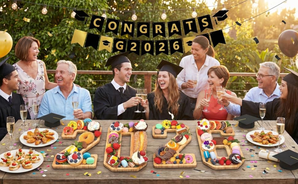 4PCS Wooden Graduation Decorations Number Charcuterie Board Box-(with 14 Balloons) 2026 Charcuterie Numbers Fillable Food Graduation Party Supplies