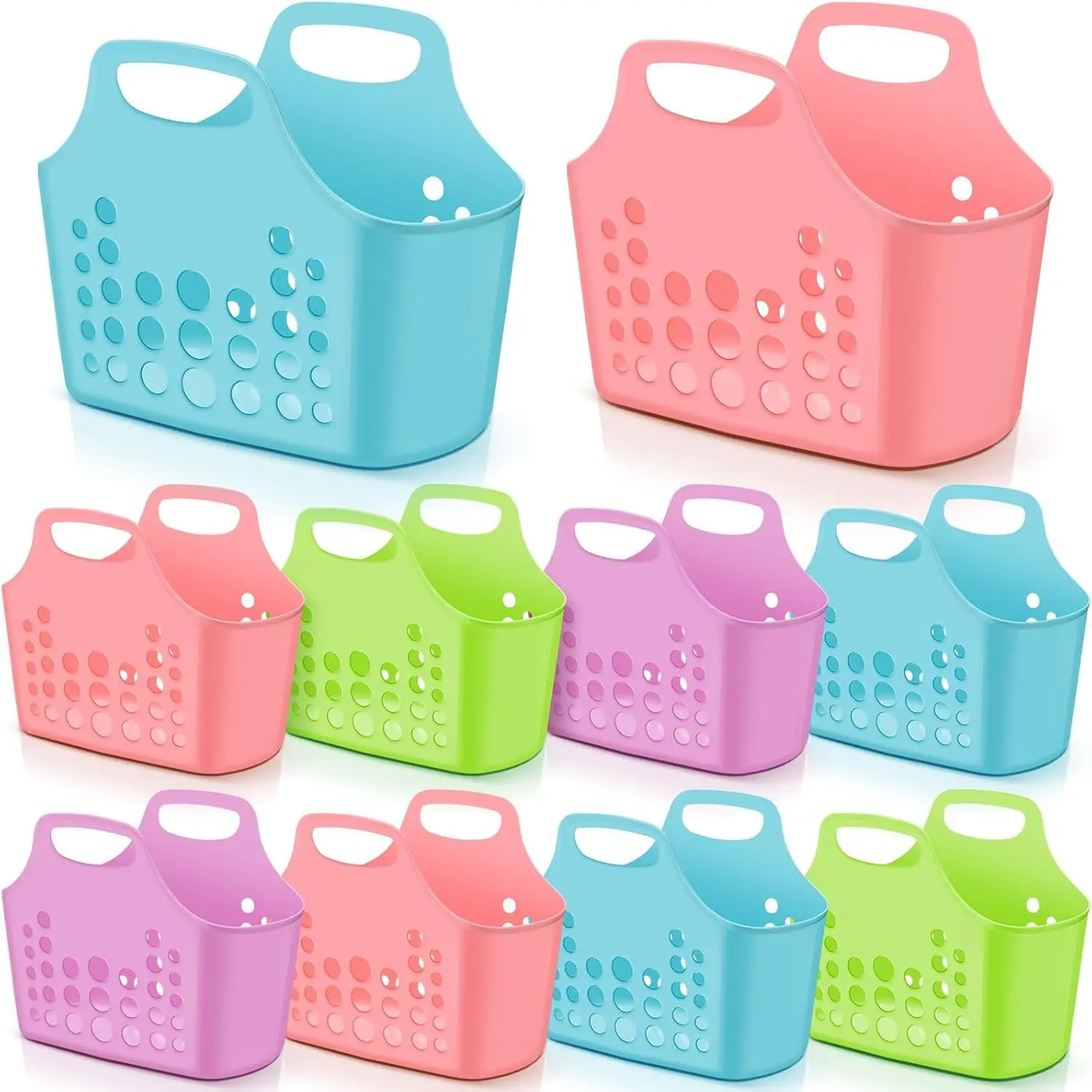 10 Pack Multicolor Plastic Basket with Handles Oval Plastic Shower Caddy Bulk Reusable Multipurpose Storage Organizer for Bathroom Dorm Communal Showers Kitchen School, 10.6" x 6" x 10"