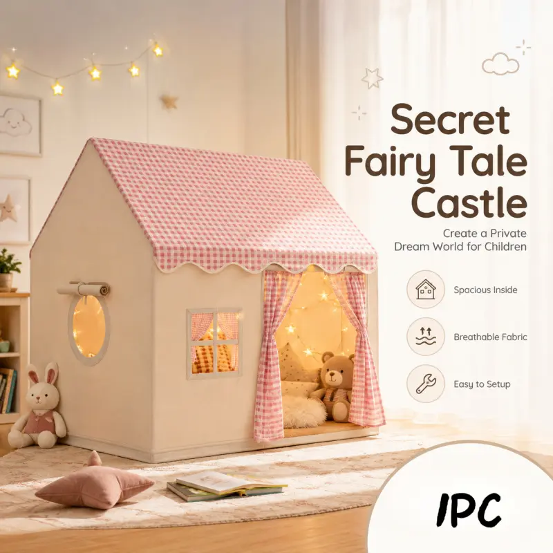 Fairy Tale Castle Indoor Play Tent for Kids, Spacious Breathable Pretend Playhouse with Windows and Curtains, Easy Assembly for Bedroom & Playroom