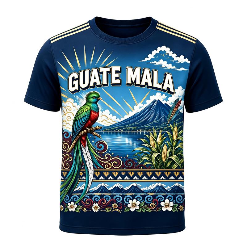 Men's Short-Sleeve Casual Round Neck Sherpa Tshirt - High-Detail Guatemala Graphic Print, Muscle Illusion Optical Effect, Streetwear Country Pride Menswear Top