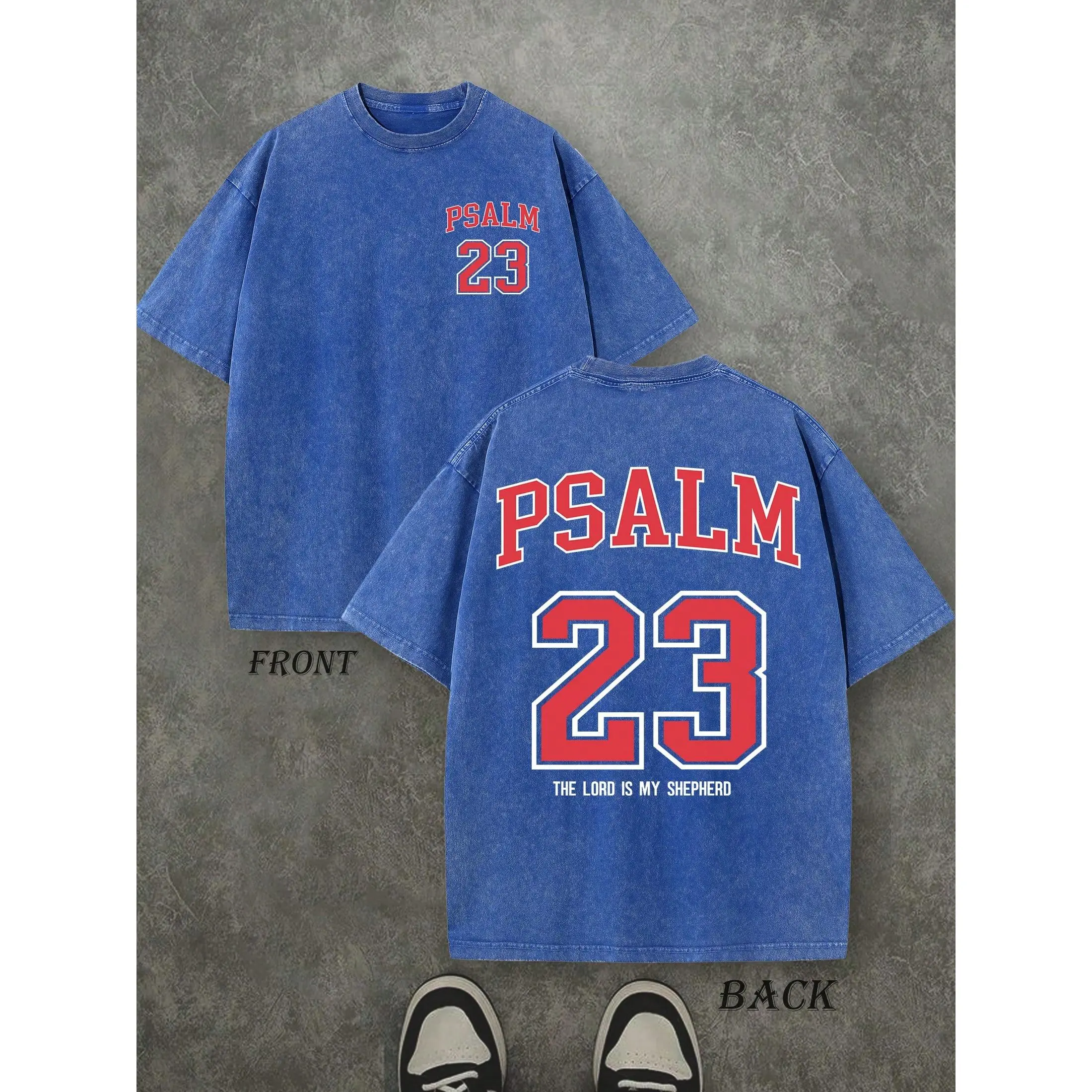 Psalm 23 Graphic Tee Vintage Wash Acid Wash Heavyweight Premium Cotton Tshirt Front And Back Print Faith Christian T Shirt Women Short Sleeve Crewneck Top Best Gift Men Loose Casual Top Oversized