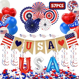 4th of July Decorations Set,Patriotic Party Supplies with USA Foil Balloons Paper Fans Confetti Balloons Hanging Streamers Star Confetti Flags for Ind