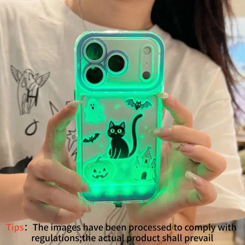Voice Control Glow Phone Case for iPhone 17-11 Pro Max, Cartoon Print, Switch Button, Shockproof, Halloween Gift, Mobile Accessories