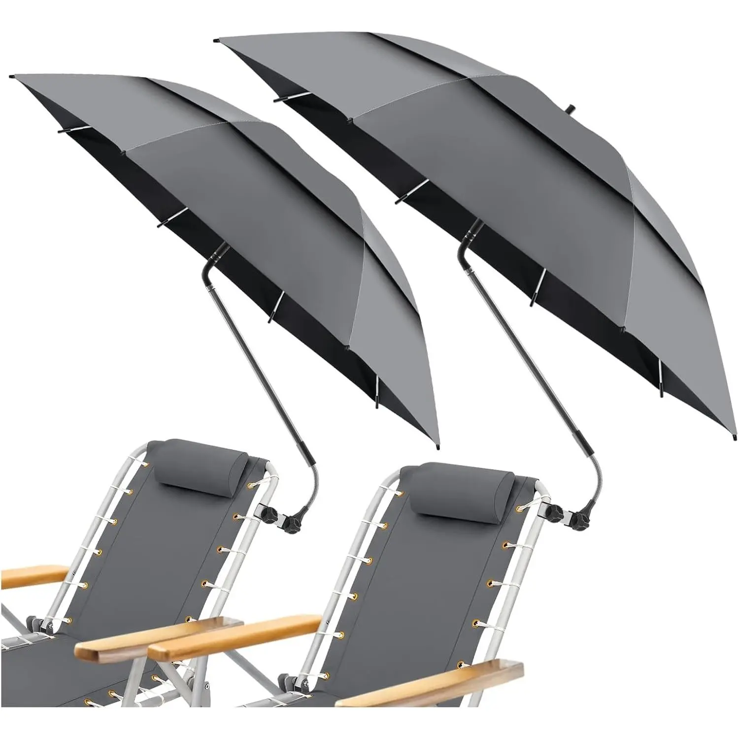 2 Pack 48.6" Double Canopy Umbrella with Clamp, UPF50+ Beach Chair Umbrella with clip, 360°Adjustable Portable Outdoor Wheelchair, Patio, Golf Carts,Camping(Not Include Chair)