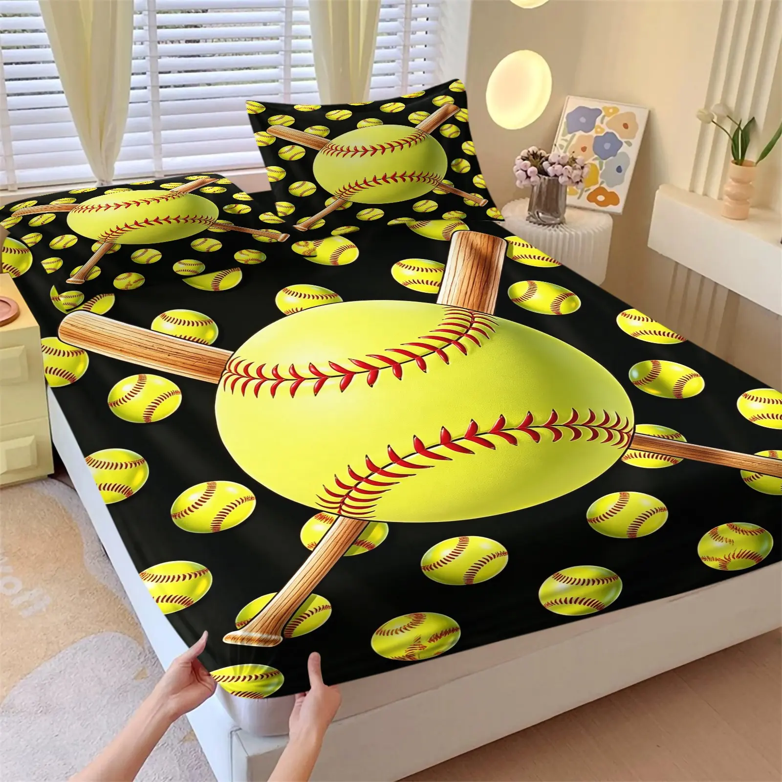3Pcs Yellow Softball Bat Print Fitted Sheet Set No Fillers, Sports Theme Digital Print Bed Sheet Set, Bedsheet Sets, Deep Pocket Bedding Set with Pillowcases, Soft Breathable Bedding for Softball Lovers Teens Athletes Bedroom Dorm Decor Gift