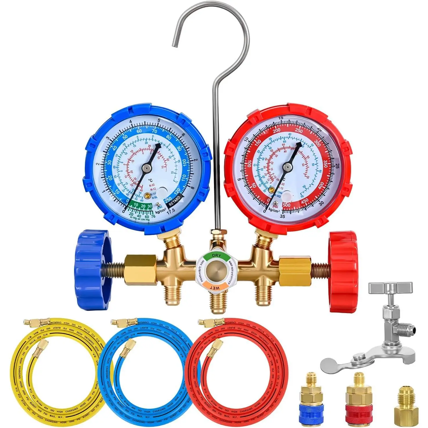 Nilight 3-Way A/C Manifold Gauge Set, Manual Auto HVAC Diagnostic Tool with 3 Pcs 5FT Hoses, 2 Pcs R134a Quick Couplers, Universal Can Tap, 1/4'' to 1/2'' Adapter, 250 PSI Solid Brass, ±1.6% Accuracy, Fits R134a R12 R22 R502 for Refrigerant Check