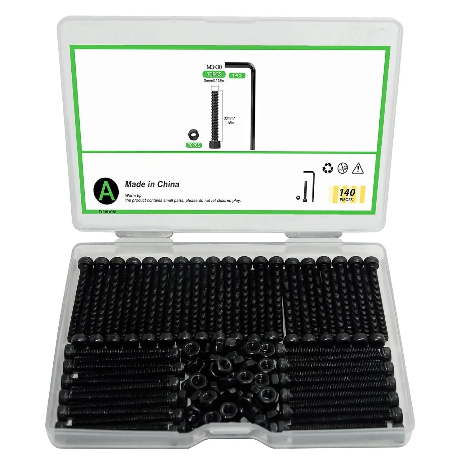 140 count M3 x 30mm Hex Socket   Screws , Carbon Steel, Black Oxide Finish, Allen Socket Drive, Full Threads,with Hex Spanner